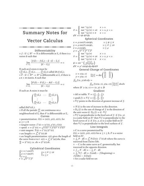 Pdf Summary Notes For Vector Calculus Queen S Mikeroth Oldteaching Multicalculus Handouts