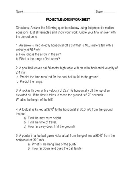 Projectile Motion Worksheet | PDF