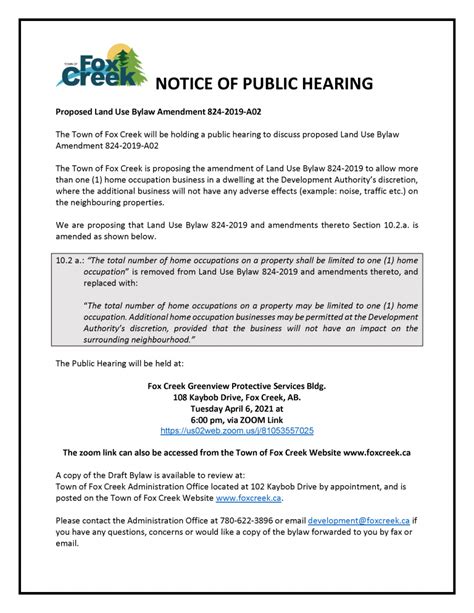 Public Hearing Land Use Bylaw Amendment 824 2019 A02 Town Of Fox Creek