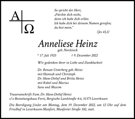 Traueranzeigen Von Anneliese Heinz WirTrauern