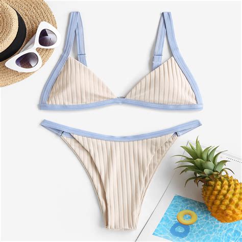 Two Piece Women Sexy Bikini V Hater Top Backless Vertical Stripe