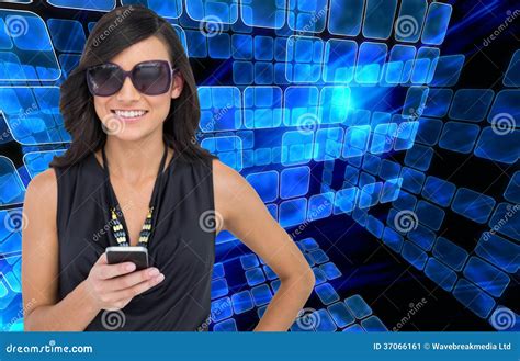 Happy Brunette Holding Smartphone Stock Illustration Illustration Of Generated Shining