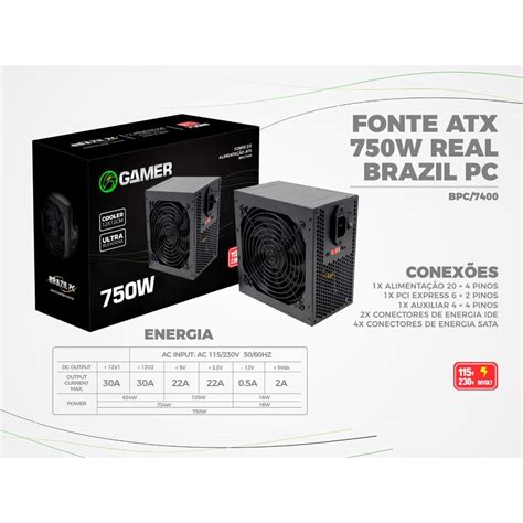 Fonte Alimentação Atx bpc 750w Real BPC 7400 24 Pinos C Caixa Cabo no