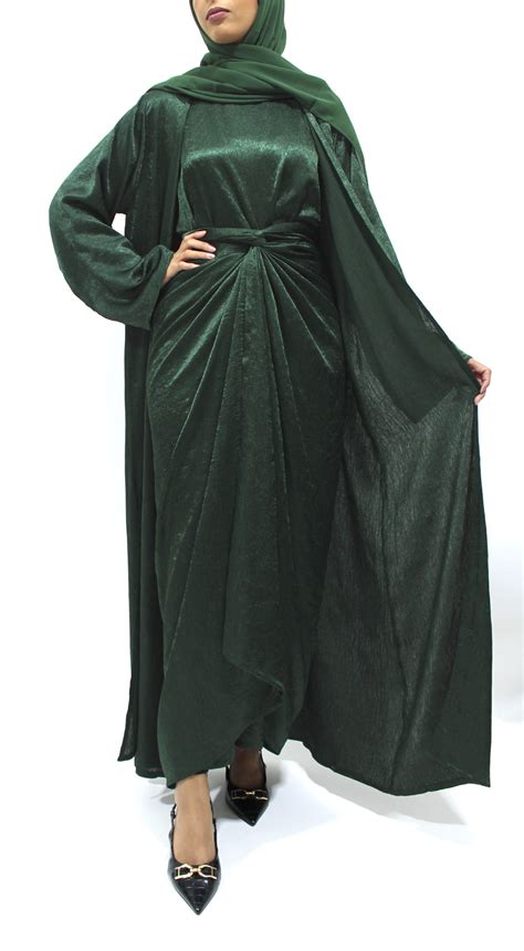 Elegant Forest Green Crushed Satin Abaya Set Amanis