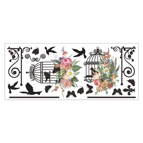 NUOLUX 1 Set Bird Cage Wall Stickers Flower And Bird Decals PVC