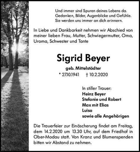 Traueranzeigen Von Sigrid Beyer Vrm Trauer De