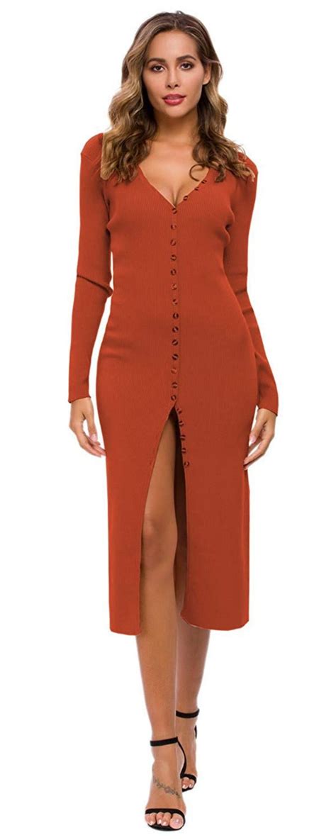 Cmz2005 Womens Button Down Long Sleeve Sweater Dress Bodycon Party Maxi Dress 6088