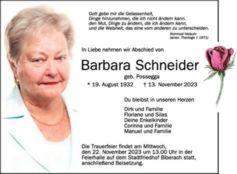 Traueranzeigen Von Barbara Schneider Schwaebische De Trauerportal