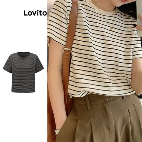 Lovito Casual Camiseta Feminina Listrada Básica de Manga Curta Gola