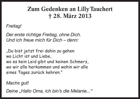 Traueranzeigen Von Lilly Tauchert Zeit Des Gedenkens De