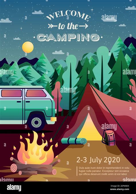 Camping Site Advertisement Poster With Recreational Vehicle Open Fire