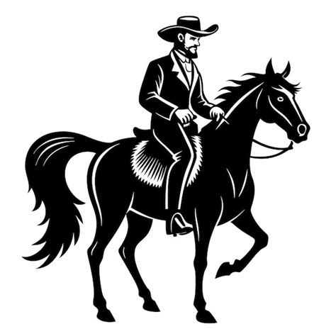 Black And White Illustration Of A Cowboy Riding A Horse In Vintage