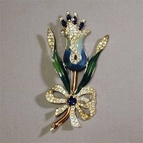 Huge Vintage Coro Figural Flower Pin Brooch Rhinestones Enamel