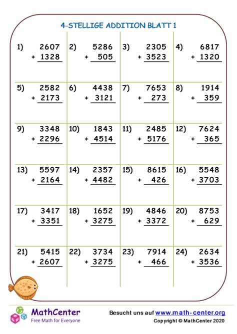 Vierte Klasse Arbeitsbl Tter Mehrstellige Addition Mit Neugruppieren