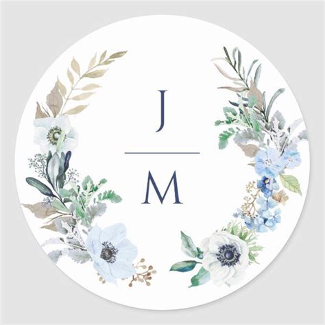 Watercolor Monogram Floral Wreath Wedding Classic Round Sticker