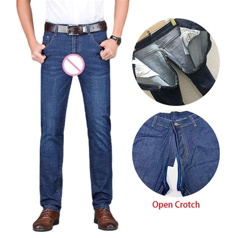 Man Outdoor Sex Open Crotch Jeans Erotic Hidden Zipper Crotchless Long Pants Low Waist Elastic