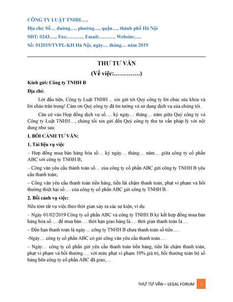 12 Mẫu Thư Tư Vấn Pháp Lý CÔng Ty LuẬt Tnhh Địa Chỉ Số
