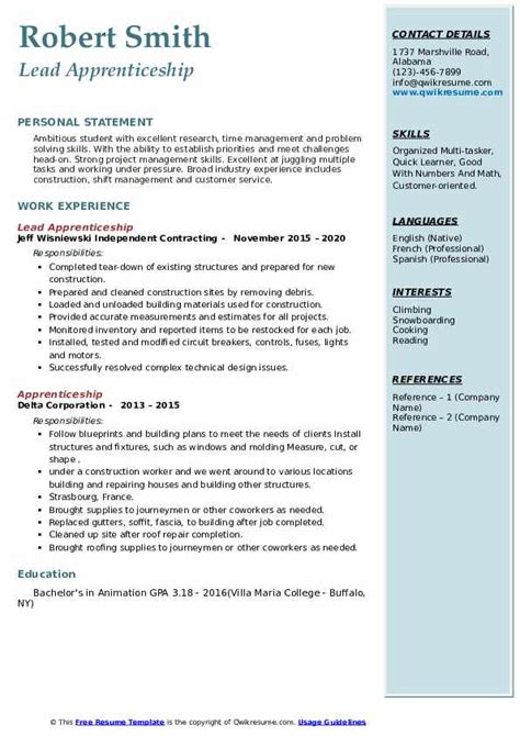 Apprenticeship Resume Samples | QwikResume