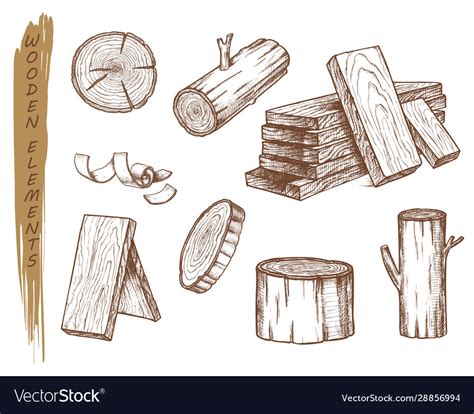 Isolated sketch wooden elements vintage lumber Vector Image