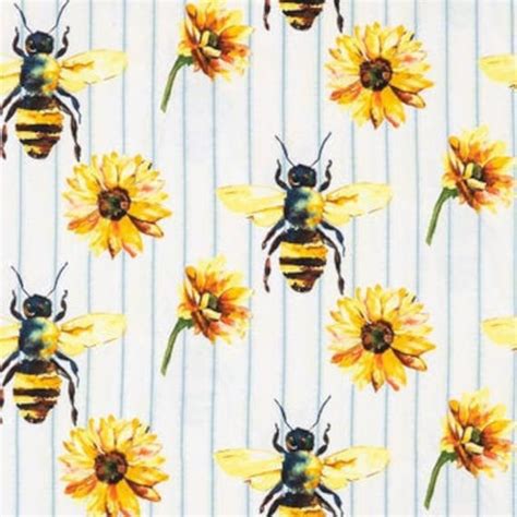 Bumble Bee Sunflowers Fabric Striped Fabric 100 Cotton Etsy