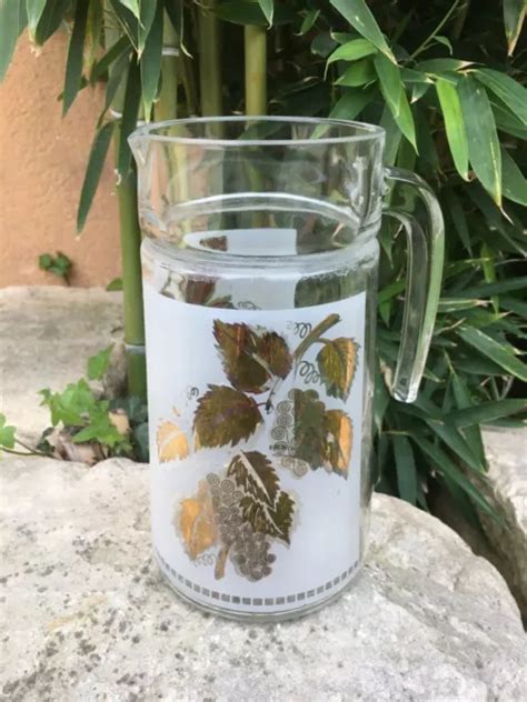 Pichet Broc Ancien Vintage En Verre Motif Dor Vigne Raisins H Cm Eur