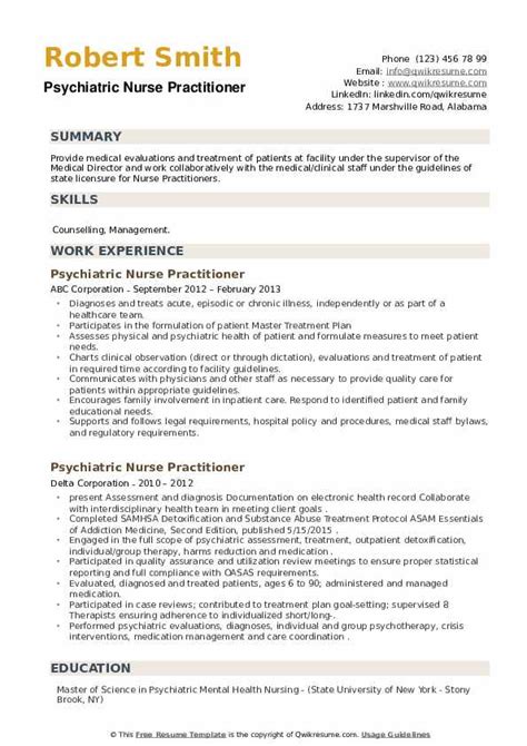 Psychiatric Nurse Practitioner Resume Samples | QwikResume