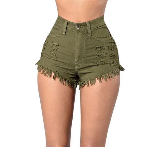 Women New Fraying Edges High Waist Ripped Hole Denim Shorts Distressed