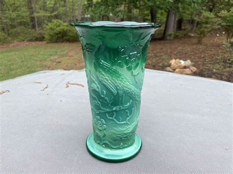 Stunning Antique Fenton Peacock Garden Vase Mongolian Green Slag