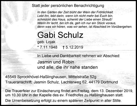 Traueranzeigen Von Gabi Schulz Trauer In NRW De