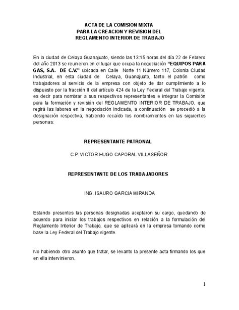 Doc Acta De La Comision Mixta Para La Creacion Y Revision Del Reglamento Interior De Trabajo