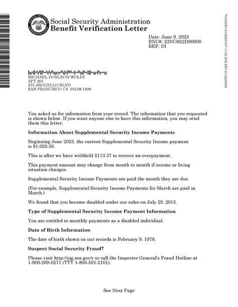 Benefit Verification Letter Social Security Administration Benefit