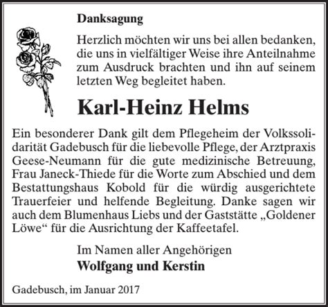 Traueranzeigen Von Karl Heinz Helms Trauer Nordkurier