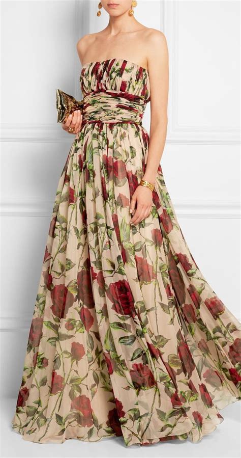 Ruched Floral Print Silk Chiffon Gown Evening Gowns