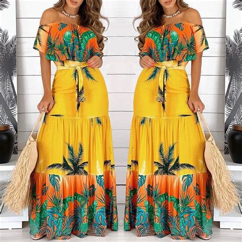 Off Shoulder Tropical Print Maxi Dress Orange S Maxi Dress Tropical Print Maxi Dress