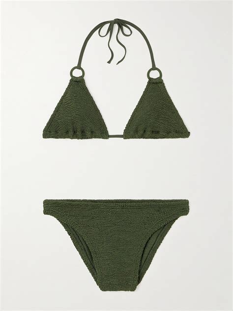 Hunza G Eva Embellished Seersucker Triangle Bikini Green Editorialist