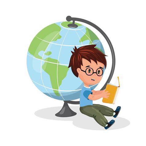 Little Boy Reading A Book Next To The Big Globe Education Geography