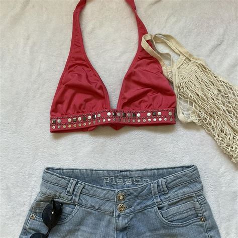 Bedazzled Hot Pink Halter Bikini Top Perfect For Depop