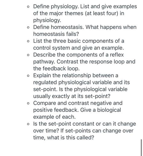 Solved o Define physiology. List and give examples of the | Chegg.com