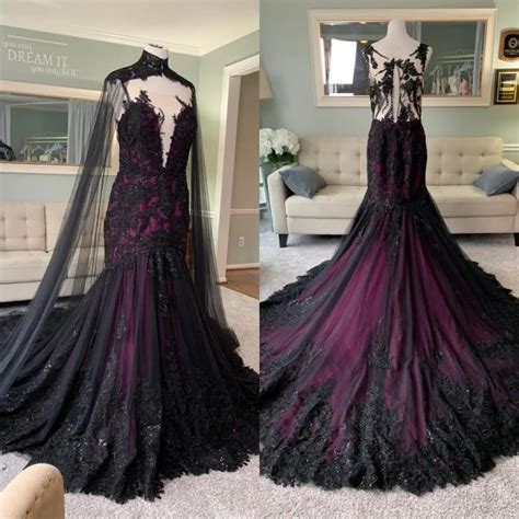 Vanna Black And Purple Wedding Dress With Bridal Cape Illusion