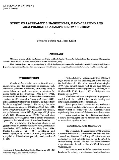 (PDF) Study of laterality I: handedness, hand-clasping and arm-folding in a sample from Uruguay ...