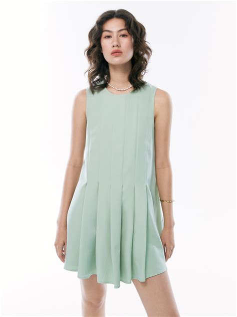 Half Pleated Mini Dress Light Green Pomelo Fashion