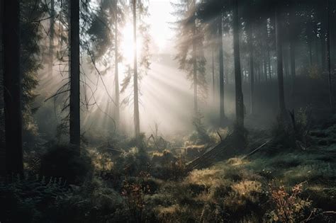 Bosque con niebla que se eleva de los árboles en una mañana nublada