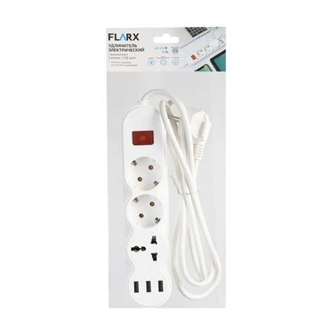 Удлинитель электрический, FLARX, с выключателем, 3 розетки, 3 USB-порта ...