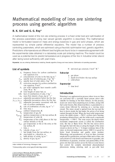 Pdf Mathematical Modelling Of Iron Ore Sintering Process Using