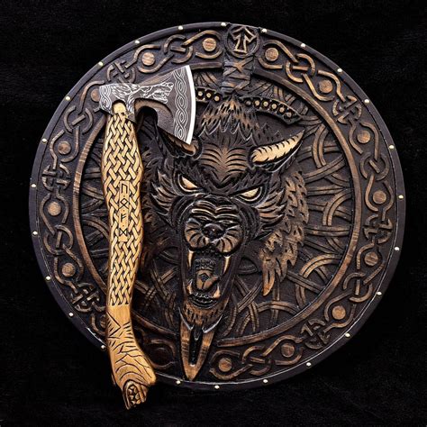 Medieval Fenrir Shield And Axe Set Viking Round Shield Viking Wolf Shield Axe Wood Carved