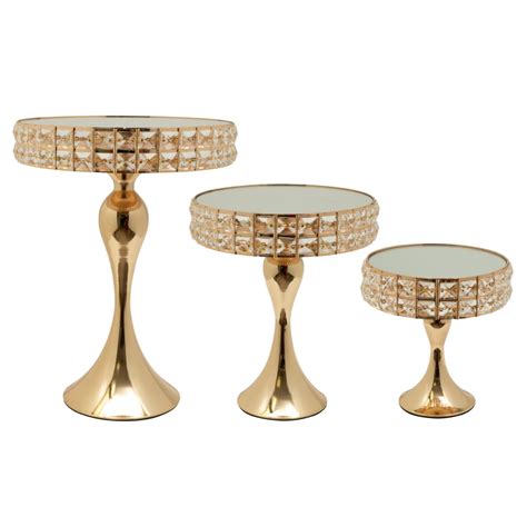 Metal Round Crystal Embellished Cake Stand With Mirror Top 3pcset Gold