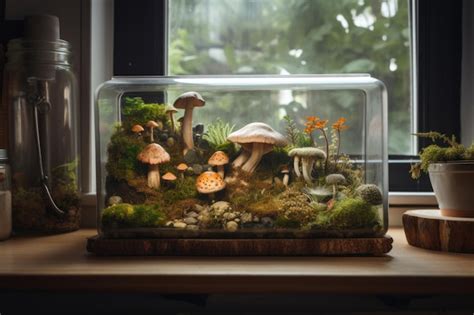 Premium Ai Image Quirky Terrarium With Moss And Mushrooms On Wood