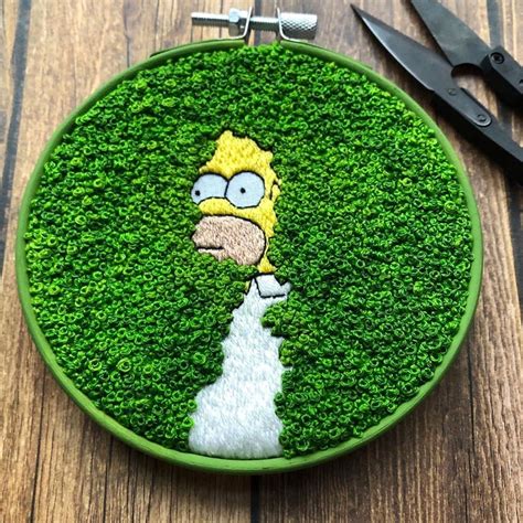 Embroidery of Homer Simpson Disappearing into the Bushes