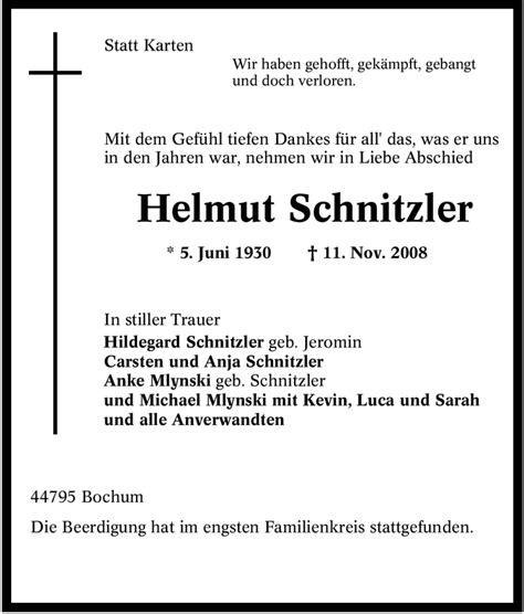 Traueranzeigen Von Helmut Schnitzler Trauer In Nrw De