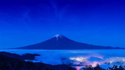 Wallpaper Fuji mountain, night, blue sky, clouds, Japan 1920x1200 ...